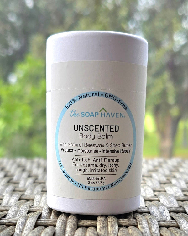 The Soap Haven Premium Unscented Balm in a jar, designed for sensitive skin, eczema, rash, and itch relief.
